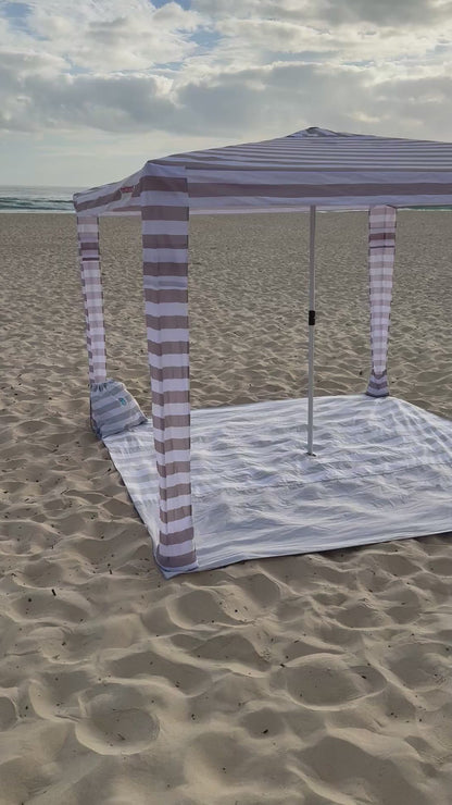 2.5m x 2.5m Cool Grey Striped Beach Mat with Hole + Beach Bag