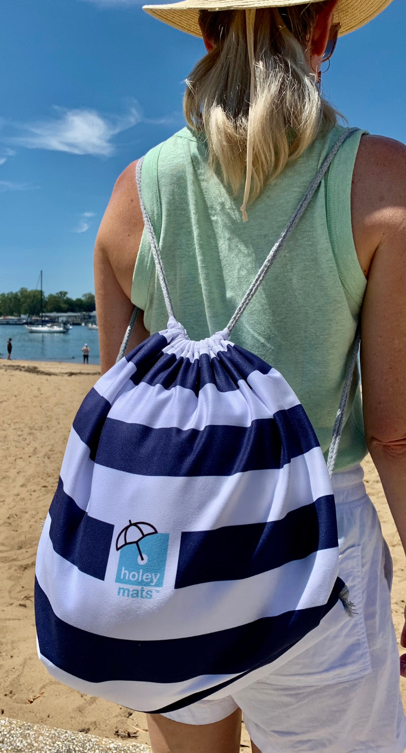 3.3m x 3.3m Navy Stripe Beach Mat with Hole + Beach Bag