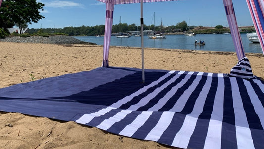 3.3m x 3.3m Navy Stripe Beach Mat with Hole + Beach Bag