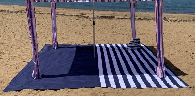 3.3m x 3.3m Navy Stripe Beach Mat with Hole + Beach Bag