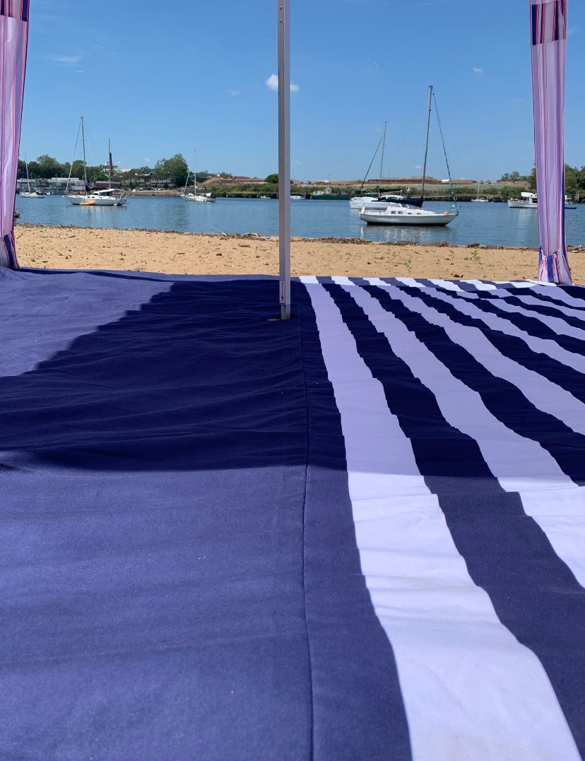 3.3m x 3.3m Navy Stripe Beach Mat with Hole + Beach Bag