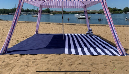 3.3m x 3.3m Navy Stripe Beach Mat with Hole + Beach Bag